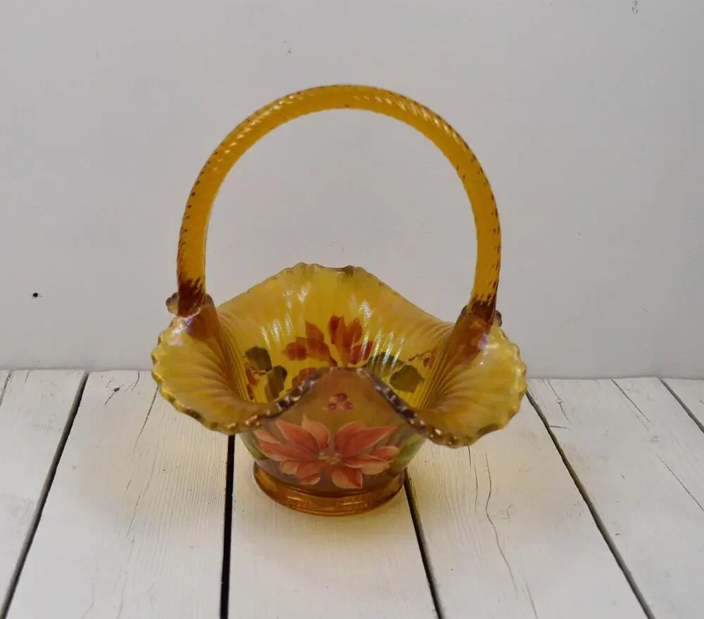 Vintage Fenton Amber Carnival Glass Basket, Christmas Poinsettia